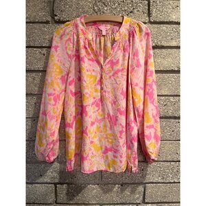 Lilly Pulitzer Pink & Yellow Floral Long-Sleeve Blouse Womens S 100% Silk